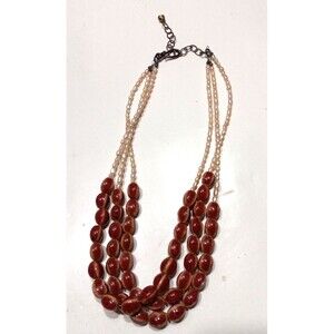 3 Strand Necklace Amber/Brown Beads Seed Pearl Look Adjustable Length Handmade